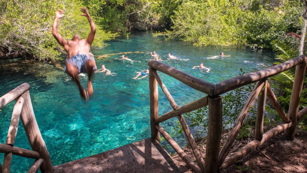 Laguna de agua dulce rodeada de vegetación tropical en Ojos Indígenas.