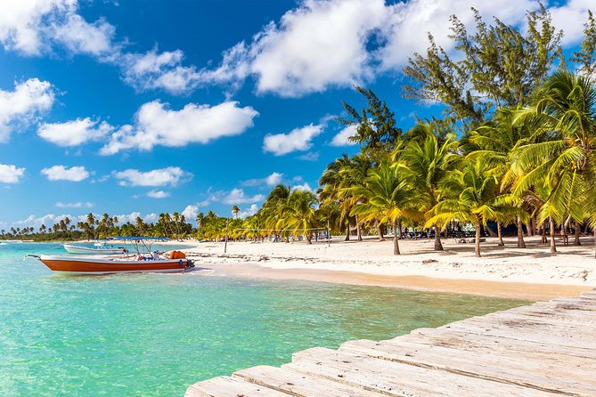 Costa de Isla Saona con agua cristalina y palmeras tropicales.