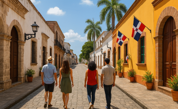 Visitors walking through the colorful Colonial Zone in Santo Domingo, surrounded by historic architecture and cobblestone streets during a cultural tour
