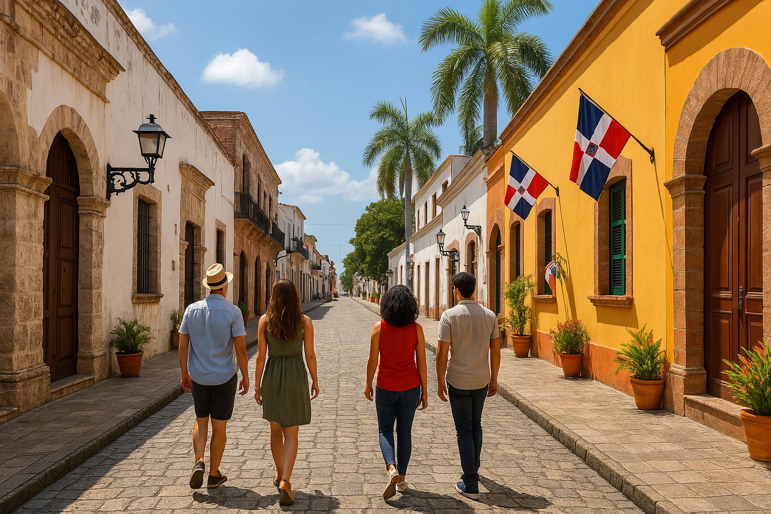 Visitors walking through the colorful Colonial Zone in Santo Domingo, surrounded by historic architecture and cobblestone streets during a cultural tour