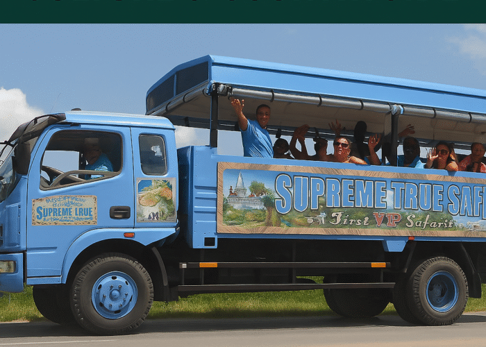 Guests enjoying the open-air ride on the Supreme True Safari truck through the Dominican countryside, smiling and waving under sunny skies