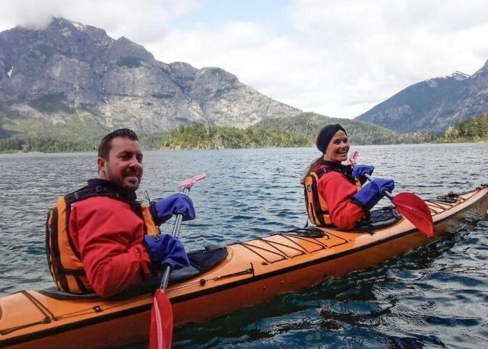 Mountain lake in Bariloche with hiking trail and sunset glow during Emilsa Tours’ 5-day adventure
