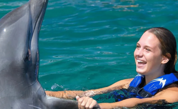 Guest interacts with dolphin during a guided swim in Punta Cana