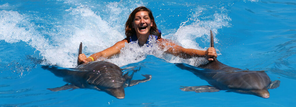 Turistas nadando con delfines en un parque marino dominicano.